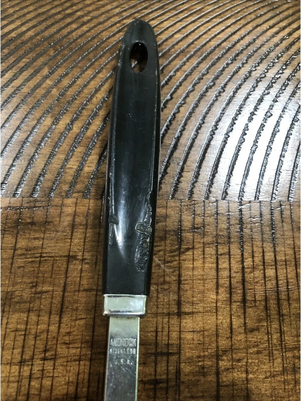 Vintage Androck Slotted Spoon Mid Century Modern Starburst Black Gold Handle USA